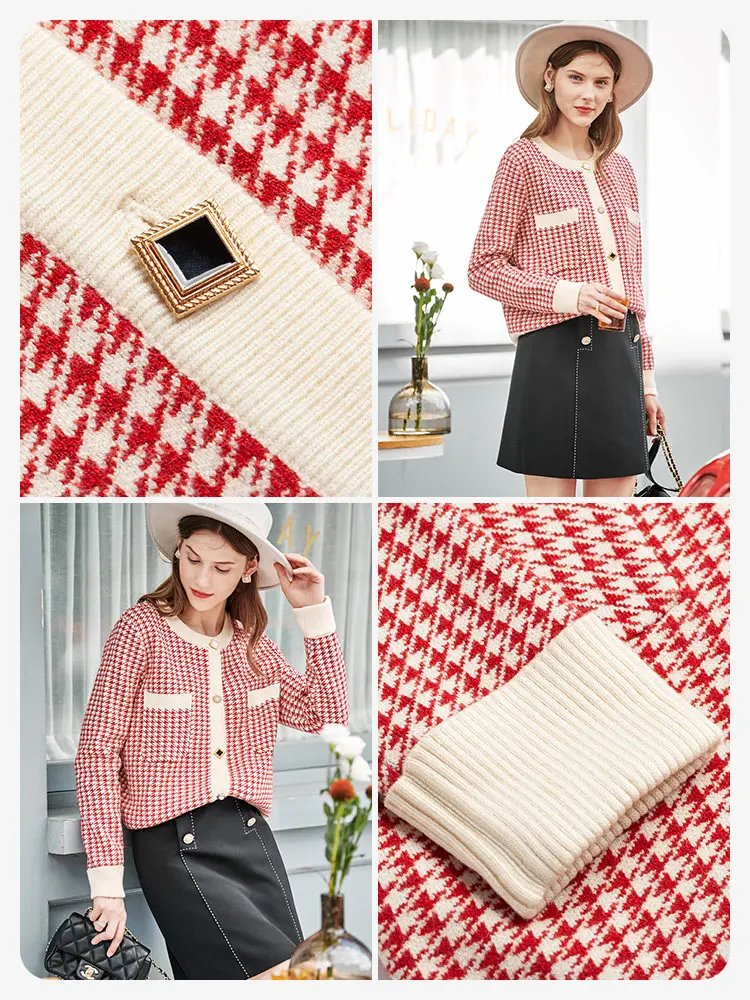 OLrain Women's Sweater Fall 2025 Fashion Woman Knitted O-neck Cardigan England Style Jacquard Plaid Female Jumpers O22DZ68561