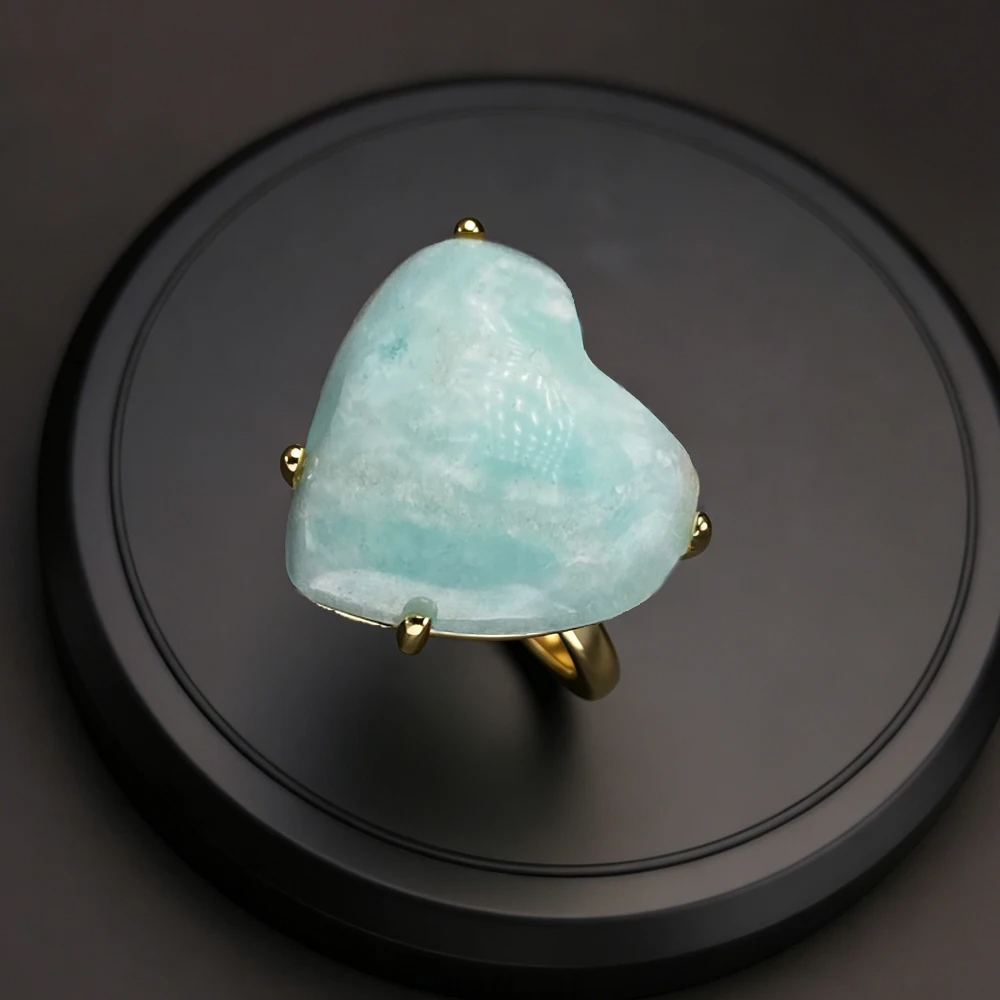 Elegant Natural Hemimorphite Ring 18K Yellow Gold Natural Mineral Specimen Quartz 18mm for Women Party Birthday Jewelry Gift