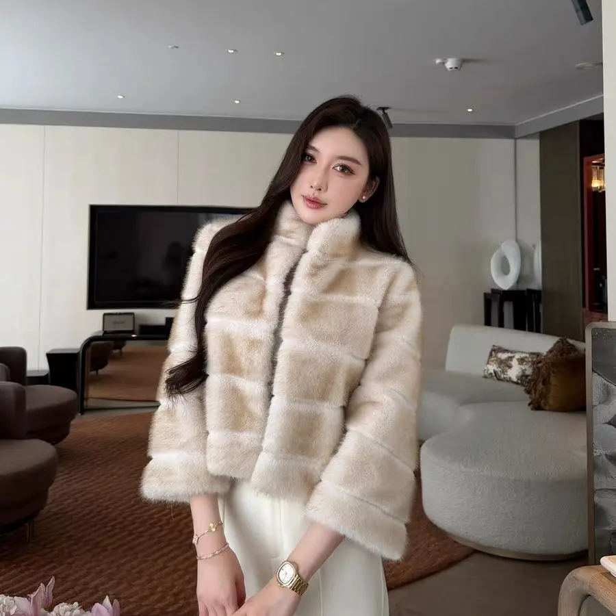 

Faux Fur Vintage Coats Womens Evening Pure Poncho Collarless Cute Cinched-Waist Tender Feminina Fluffy Flocking Round-Neck Trend