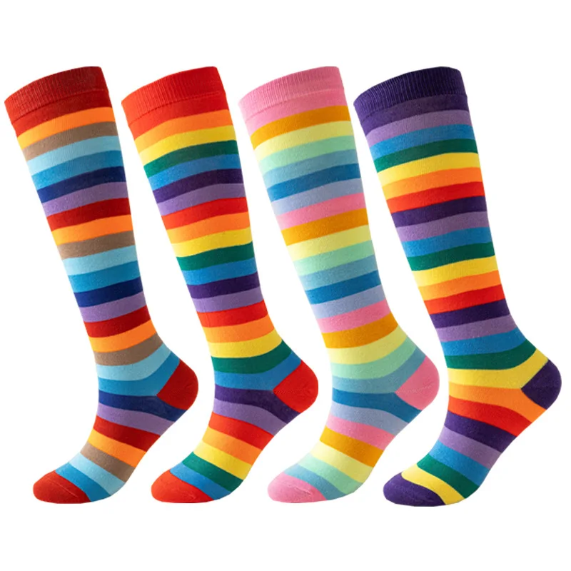 Women Girls Rainbow Stripes Over Knee Long Socks, Halloween Cosplay Knitted Stretch Thigh High Socks