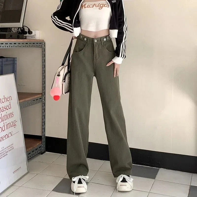 

Women Jeans Vintage High Waist Y2k Streetwear Korean 2023 Fashion Green Straight Jean Pants Ladies Baggy Wide Leg Denim Trouser