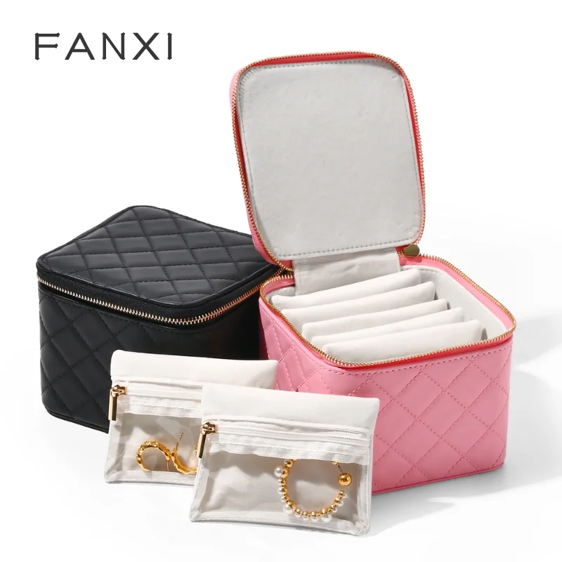 

Стеганая сумка для хранения ювелирных изделий FANXI, многослойные съемные сумки-органайзеры, коробка для хранения колец/серьг/ожерелий из искусственной кожи