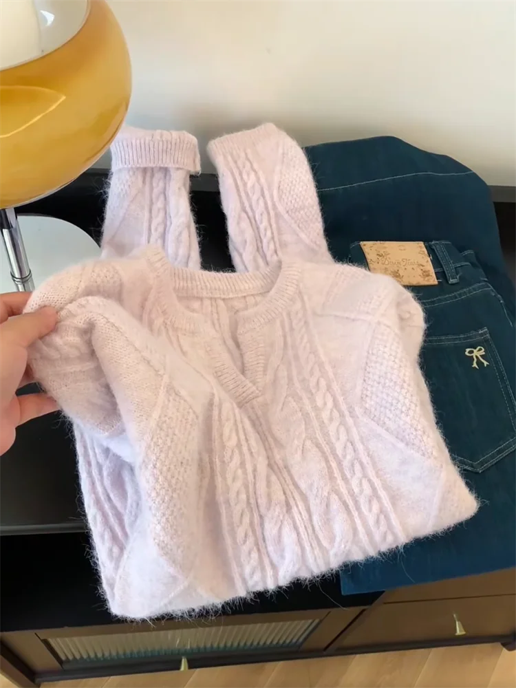 

Soft Purple Twist Knitted Sweater V-Ne Women's Long Sve Autumn Winter Faion Lazy Sle Top Design Sensation New Arrival