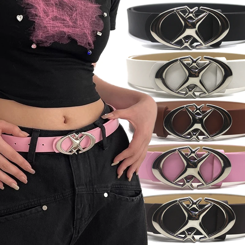 Punk Moon Star Buckle Belt Design Cross Metal Vintage Gothic Men Women Y2k Belt Pu Leather Waistband Jeans Pants Decorative Belt