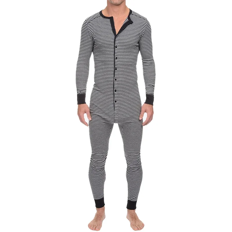 Men Skinny Striped Jumpsuit Underwear Pajama Long Sleeve O Neck Buttons Romper Sleepwear Overall Homewear