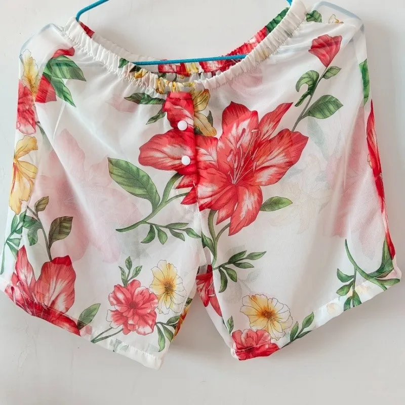 Semi Transparent Soft Men's Sexy Shorts Mid Waist Flowers Silky Touch Women's Home Sleepwear Shorts Private Party Costume