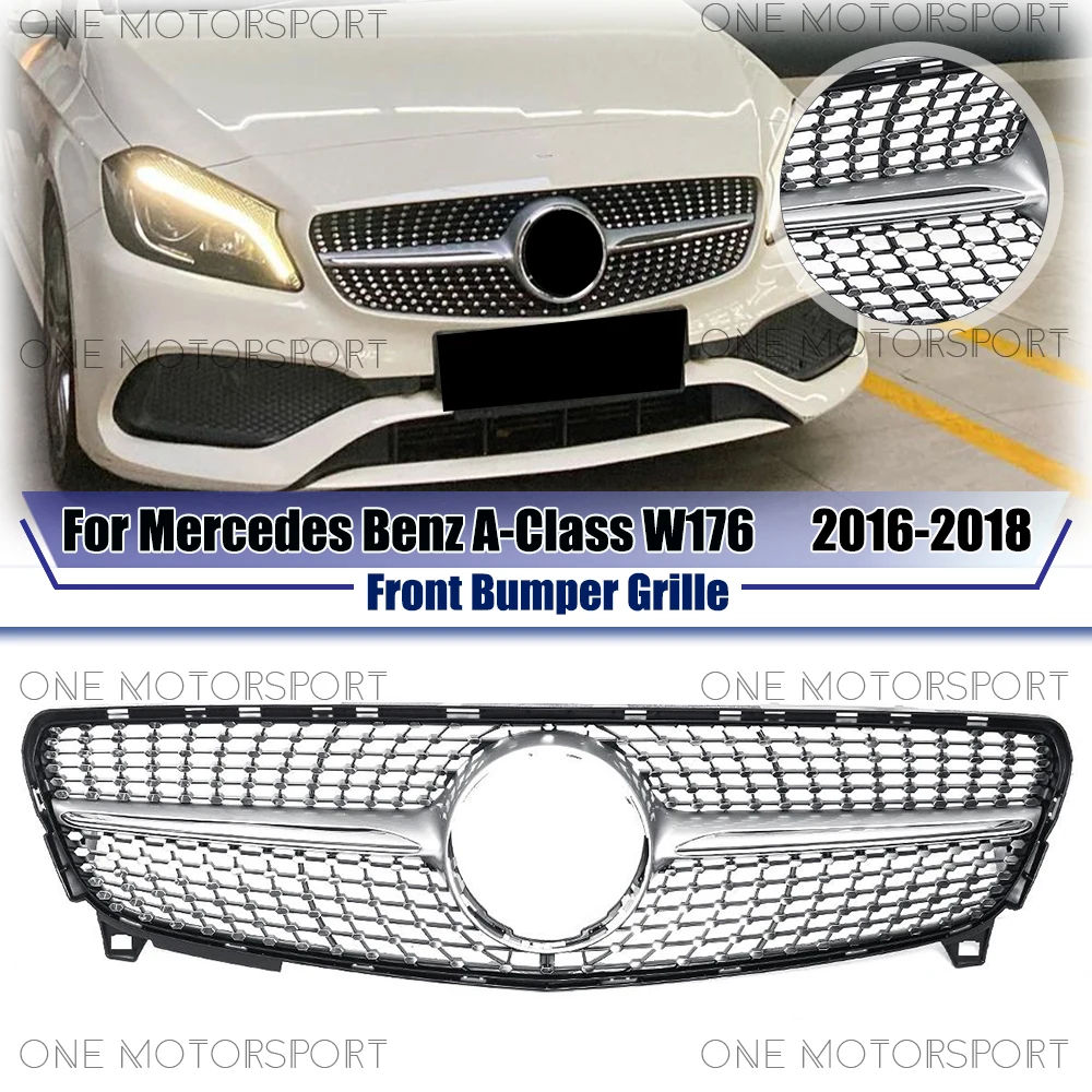 

For Mercedes Benz A-Class W176 2016-2018 A180 A200 A250 A45 AMG Front Grille Chrome Silver Diamonds Style Racing Bumper Grilles