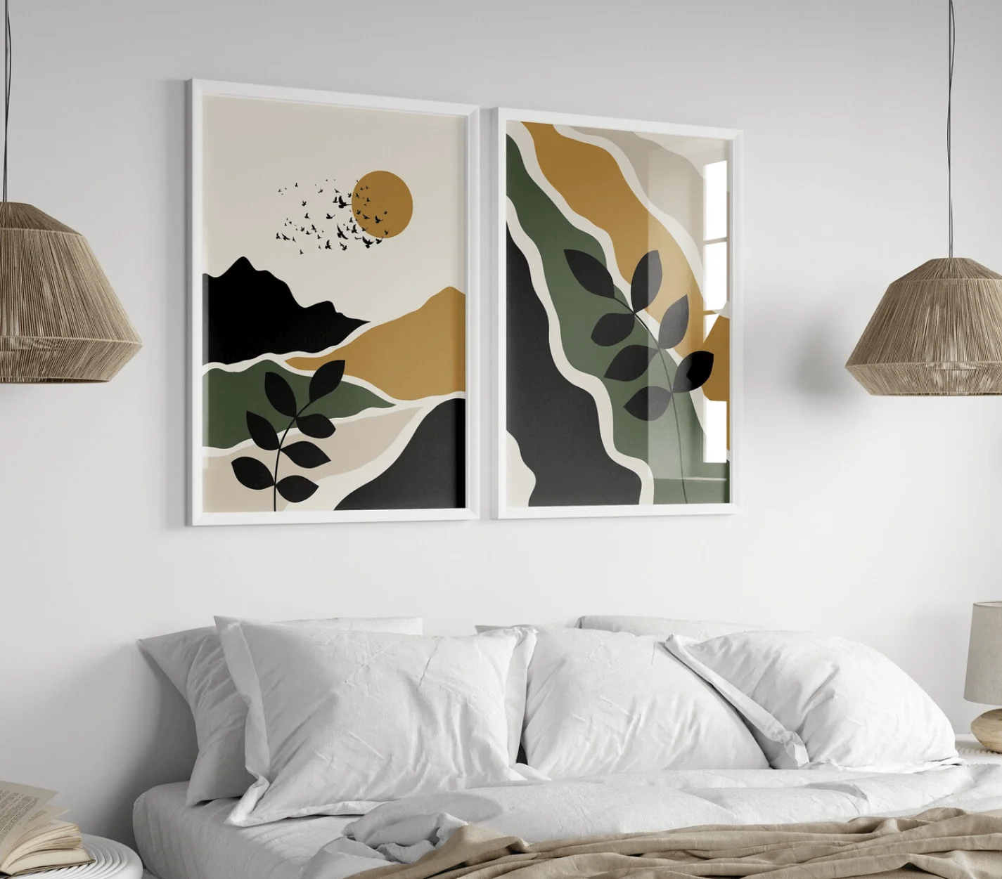Boho Abstract Mountain Wall Art Canvas Prints, Sun Bird Botanical Posters, Earth Tone Decor for Living Room Bedroom Decor