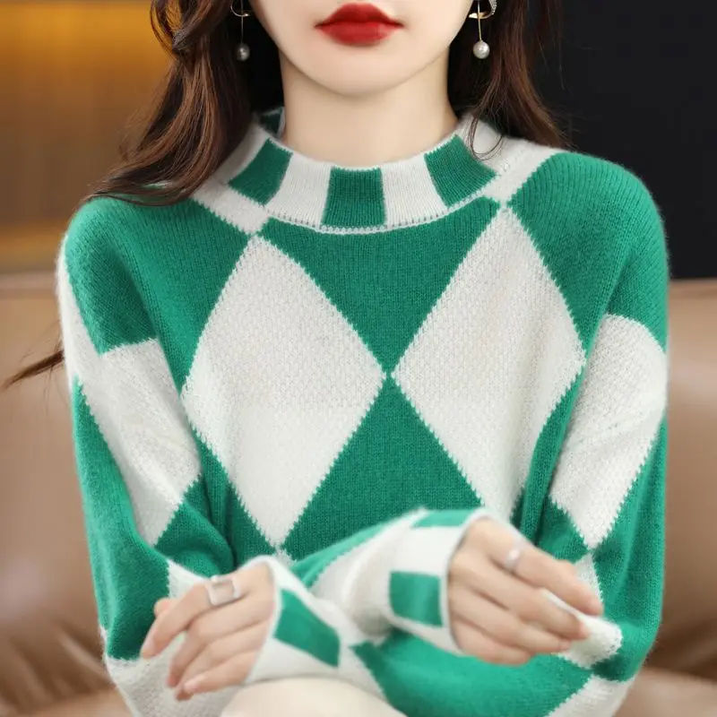 Pullover 2023 color contrast diamond check sweater women half high neck sweater loose  sweater knitting pullover female top