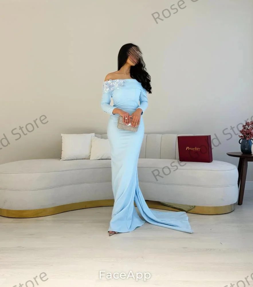Light Blue Mermaid Women Evening Dress Gorgeous Stain Formal Vestido de Gala Customized Flowers Appliques Prom Party Gowns