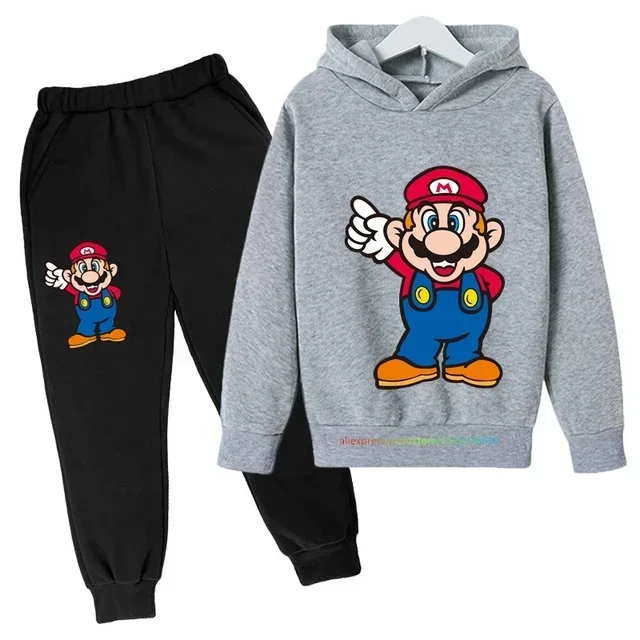 Super Mario Bros Game Hoodie Sets para meninos e meninas, pulôver de manga comprida, Hoodies dos desenhos animados, moletom com capuz anime bebê, calças e roupas