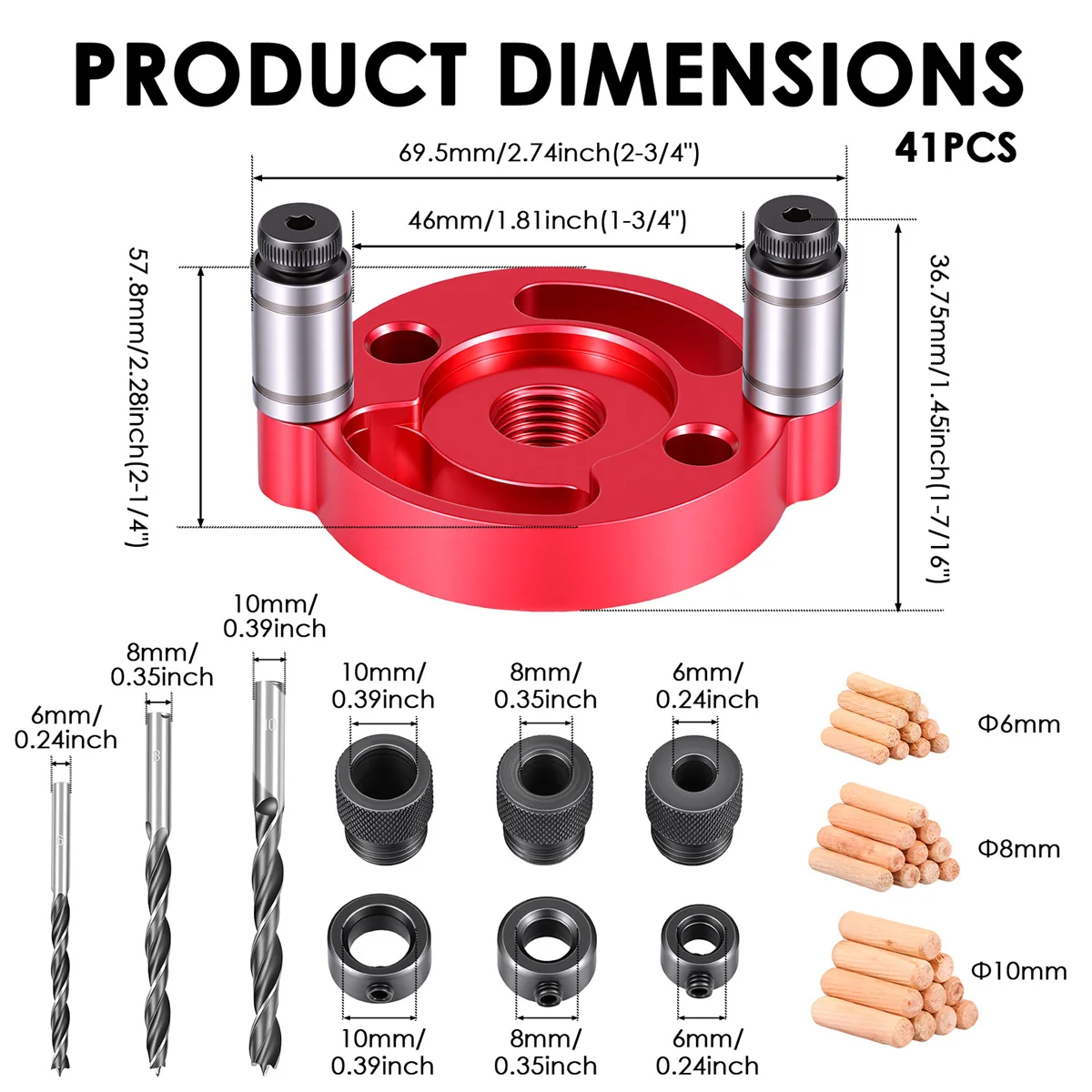 6-10mm Dowel Jig Kit - Self Centering Drill Guide Locator with 3 Steel Bushing -Woodworking Aluminum Alloy Hole Puncher Tool