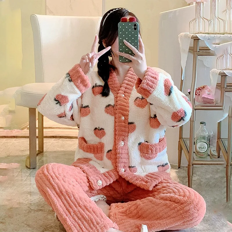 Girls Pink Thickened Warm Pajamas Women Long Sleeve Long Pants Coral Fleece 2/pcs Pajama Set Student Casual Warm Homewear Can Be