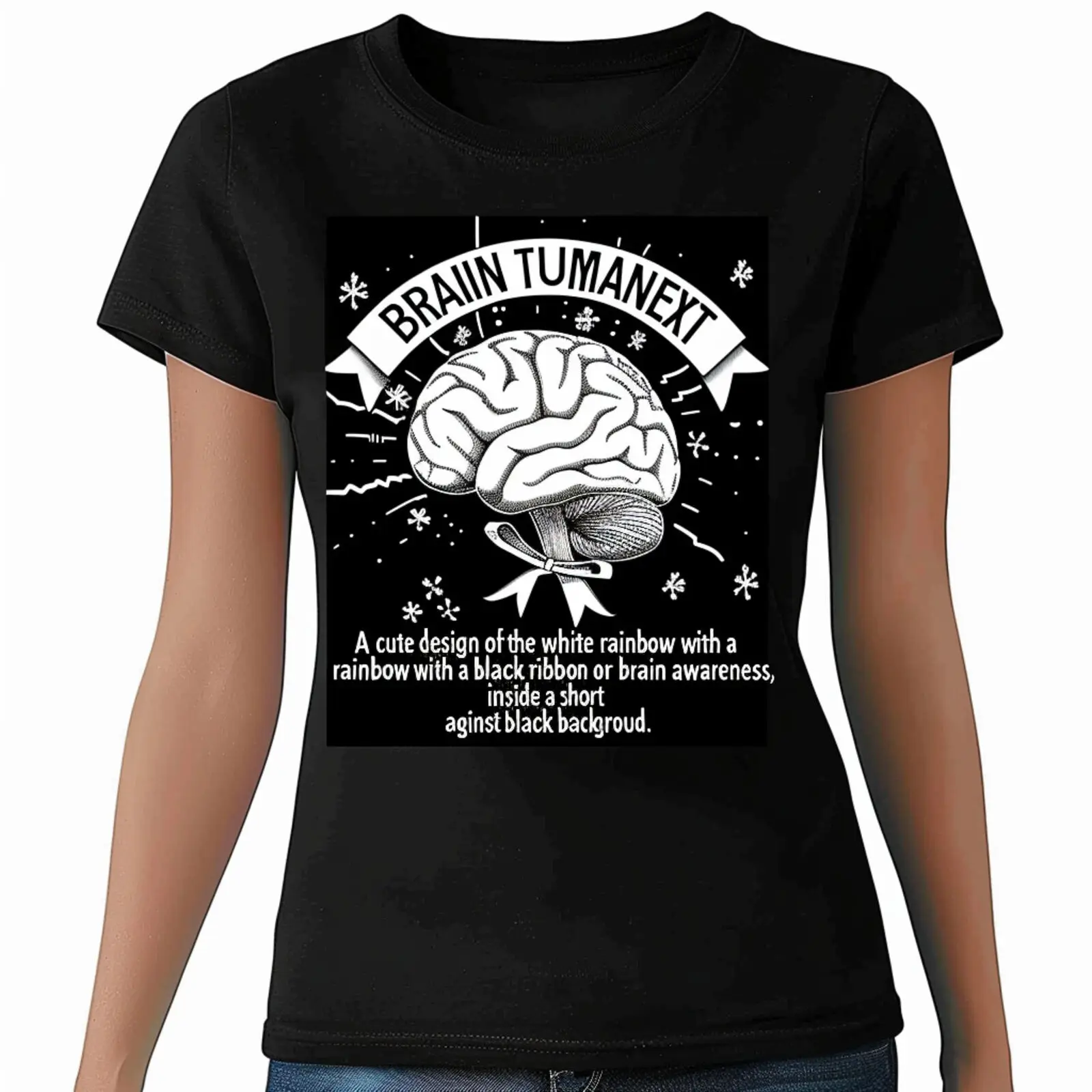 Unique Brain Awareness Tee with White Rainbow & Black Ribbon Design on Blac