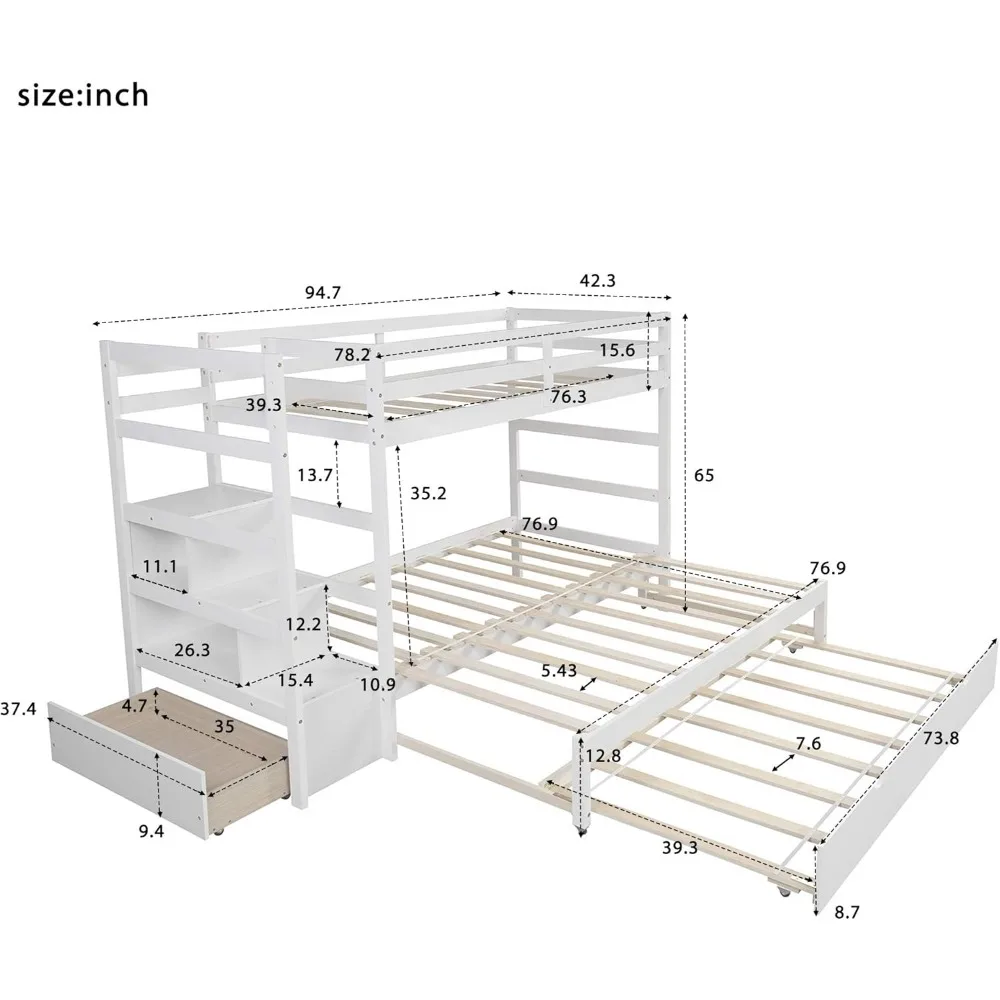 Twin Over Twin/King Bunk Beds with Pull-Out Trundle Bed and Staircase/Storage Shelf, Accommodate 4 People for Kids or Teens