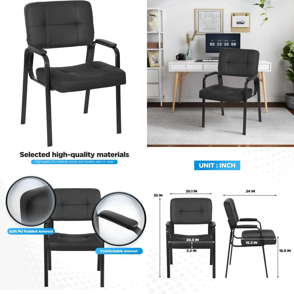 

Padded Armrest Waiting Room Chairs for Office, PU Leather, Black, No Wheels