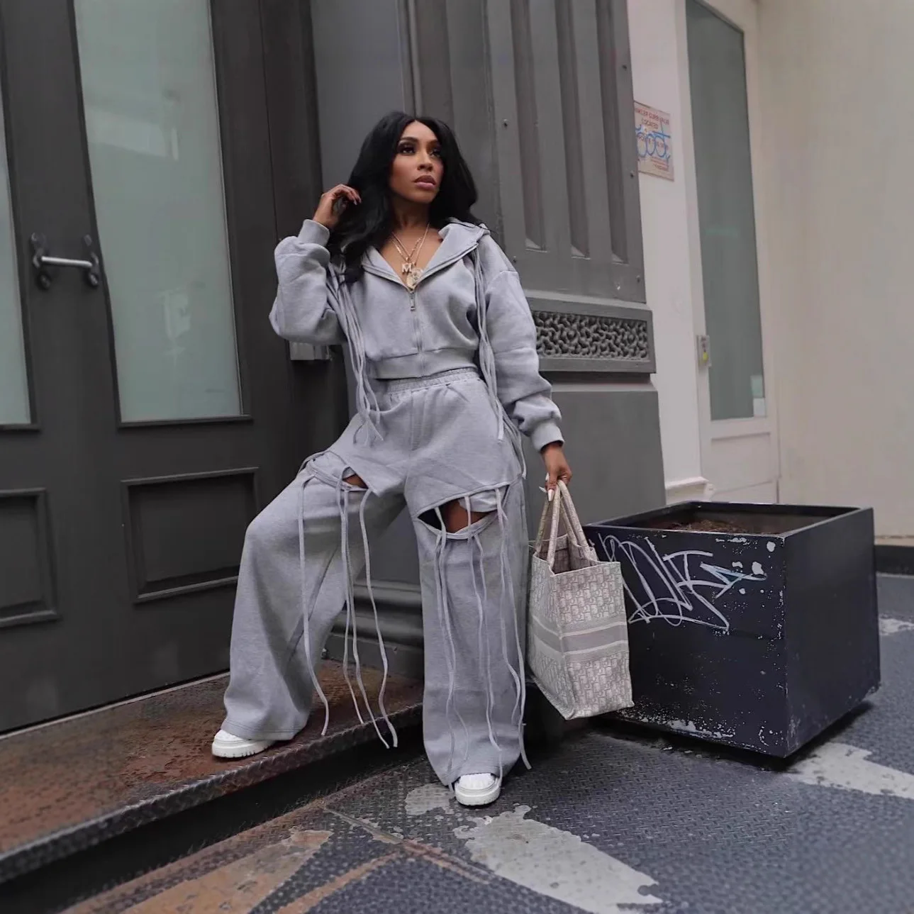 Fitness Damen 2-teiliges Set Reißverschluss-Kapuzenmantel Distressed Jogginghose 2025 Herbst Winter Outfits Fitness Sportliche Trainingsanzüge