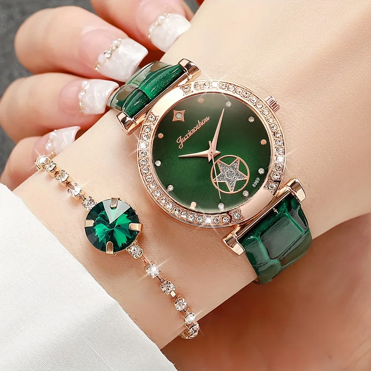 6-piece set of green luxury quartz watches for women, rings, necklaces, earrings, rhinestones, fashionable watches casual ladies