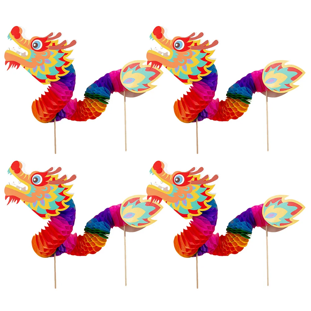 4Pcs Spring Festival Paper Dragon Decorations Chinese 3D New Year Party Photo Props Handheld Craft Garland Supplies