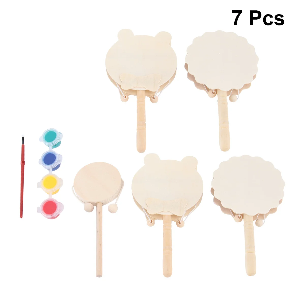 7Pcs DIY Wooden Rattle Drum Unfinished Handheld Painting Kit Shaking Pellet Drum Child Creative Interactive Educational Gift