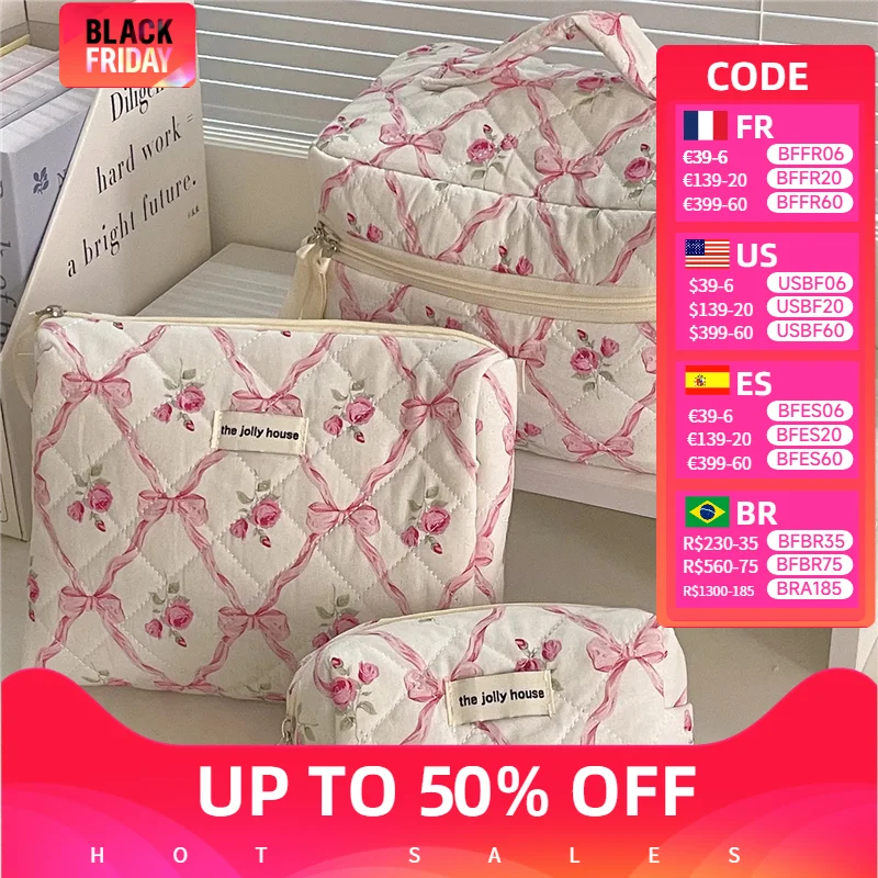 

Cute Bow Flower Quilting Cotton Makeup Bag Women Zipper Cosmetic Organizer Female Cloth Handbag Portable Toiletry Case for Girls