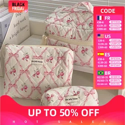 Cute Bow Flower Quilting Cotton Makeup Bag Women Zipper Cosmetic Organizer Female Cloth Handbag Portable Toiletry Case for Girls