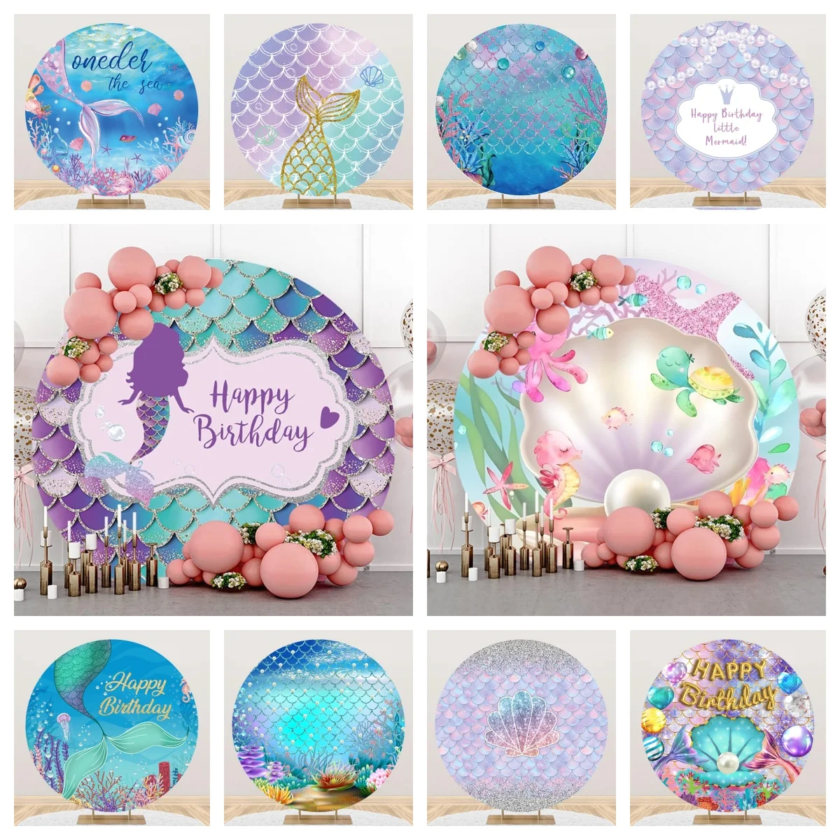 Mermaid Circle Backdrop Photography Underwater Mermaid Scales Coral Baby Girl 1st Birthday Party Decor Round Background Studio