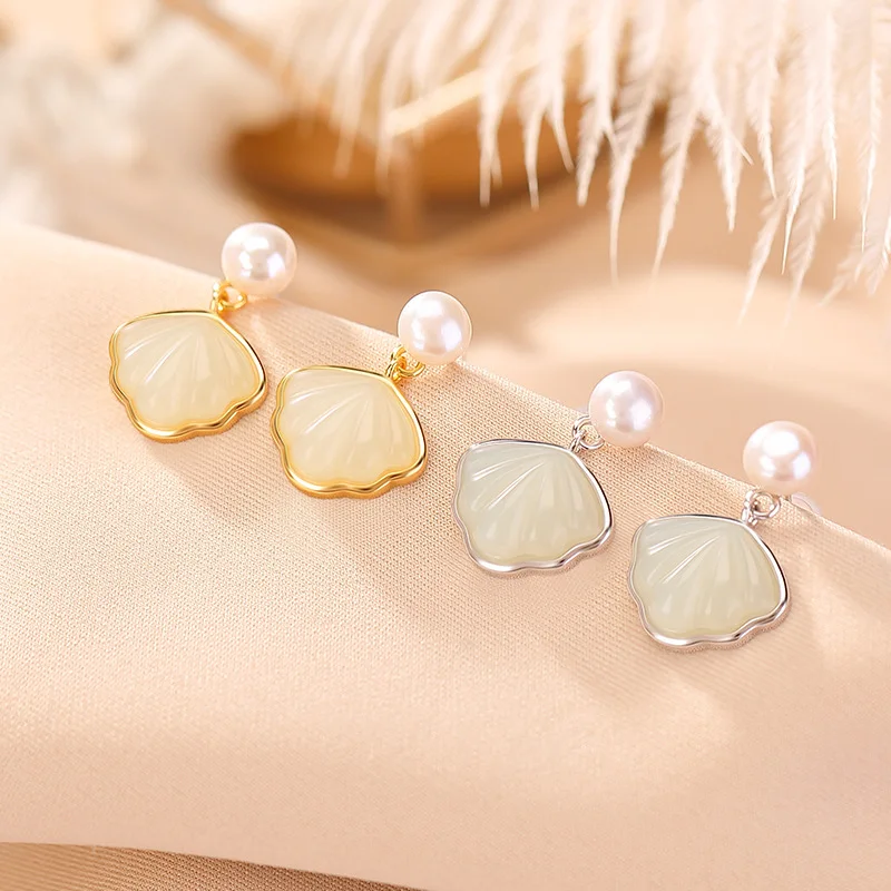 

S925 Sterling Gold-Plated Hetian Jade Freshwater Pearl Earrings Ginkgo Leaf Silver Jewelry