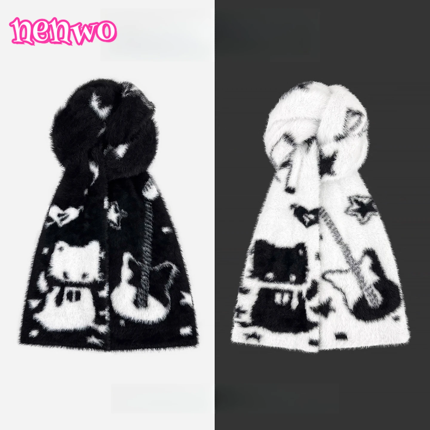 

Оригинальный гитарный кот, черный, белый цвет, двусторонний плюшевый шарф для пары, женский осенне-зимний теплый морозозащитный универсальный утеплитель для шеи