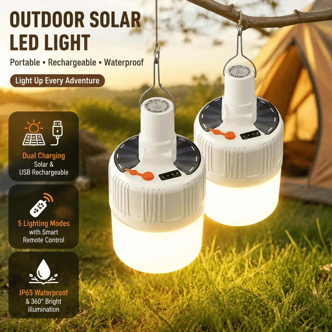 Solar LED Camping Lantern USB Rechargeable IP65 Waterproof Emergency Light Outdoor Portable 360 Degree Tent Lamp SOS Mode With