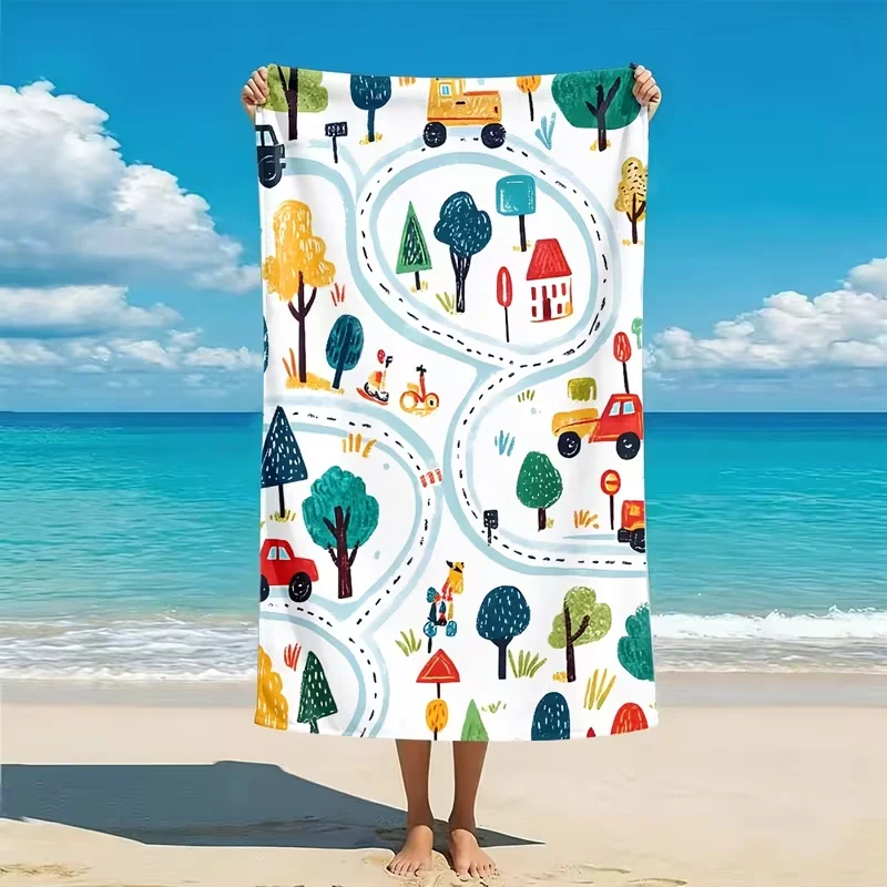 Cute Cartoon Cars Road Map Beach Towel Kids City Print Quick Dry Soft Absorbent Towel for Children Pool Beach
