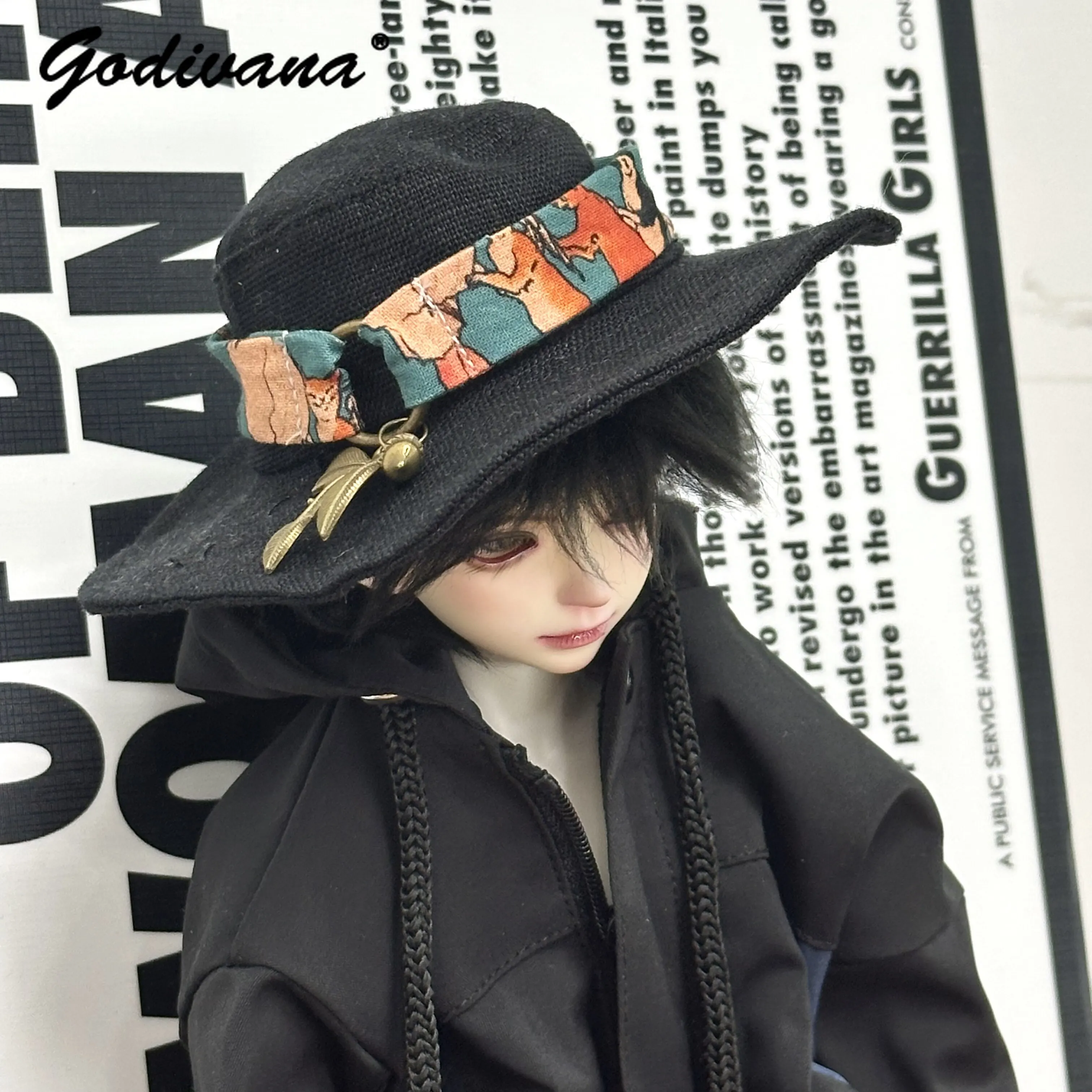 1/3 1/4 BJD Doll Cowboy Hat Vintage Western Wide‑Brim Hat with Colorful Printed Ribbon Decor Versatile BJD Doll Accessory