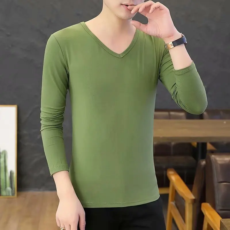 Men's Black Long Sleeve Tee V Neck Solid-Color Slim Base Layer Shirt Thin Inner Wear for Autumn