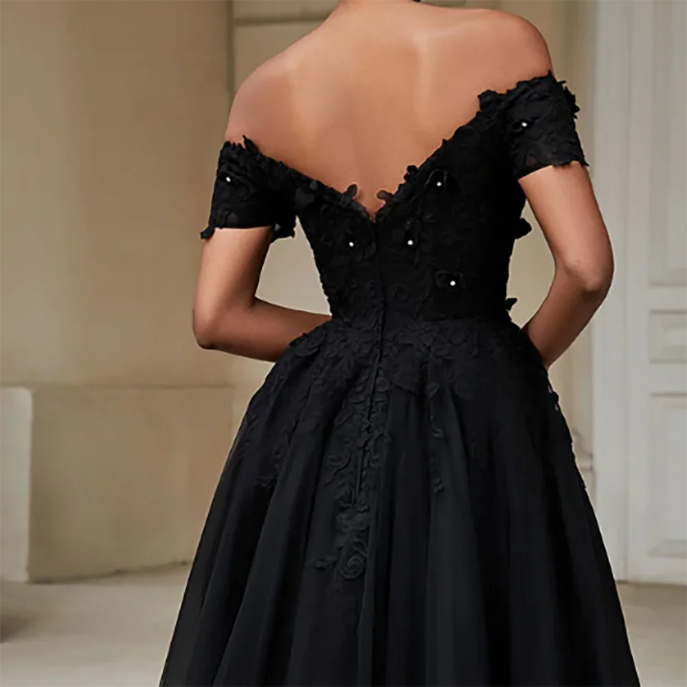 Robe de soirée trapèze noire classique, épaules dénudées, plis de perles, robes de bal formelles pour fête d'anniversaire, personnalisées