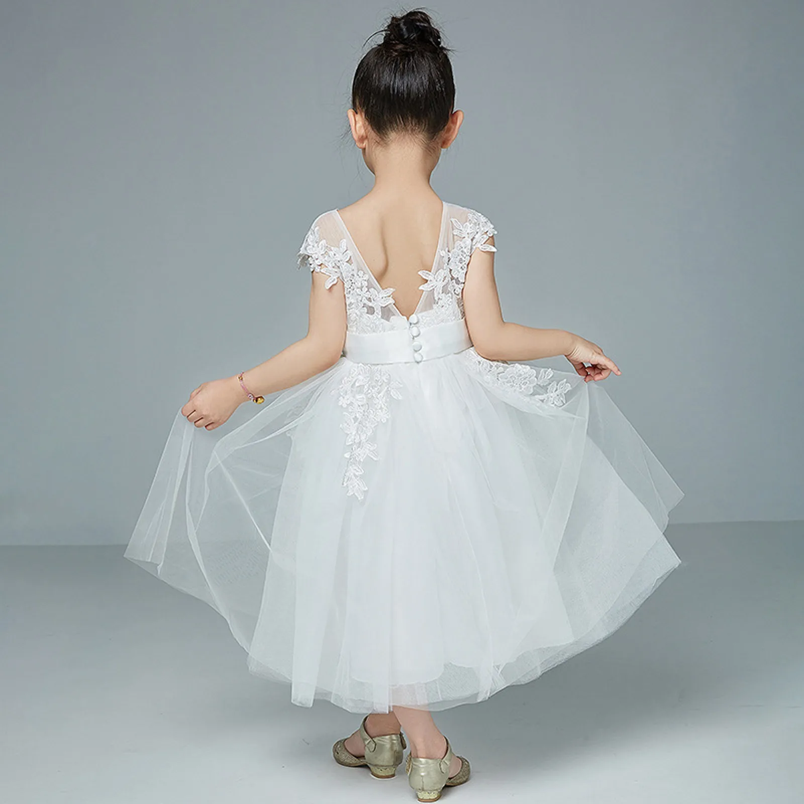 White Wedding Junior Bridesmaid Dress Floral Embroidery Lace Tutu Princess Dress Girls Kids Party Children Clothing For Girl