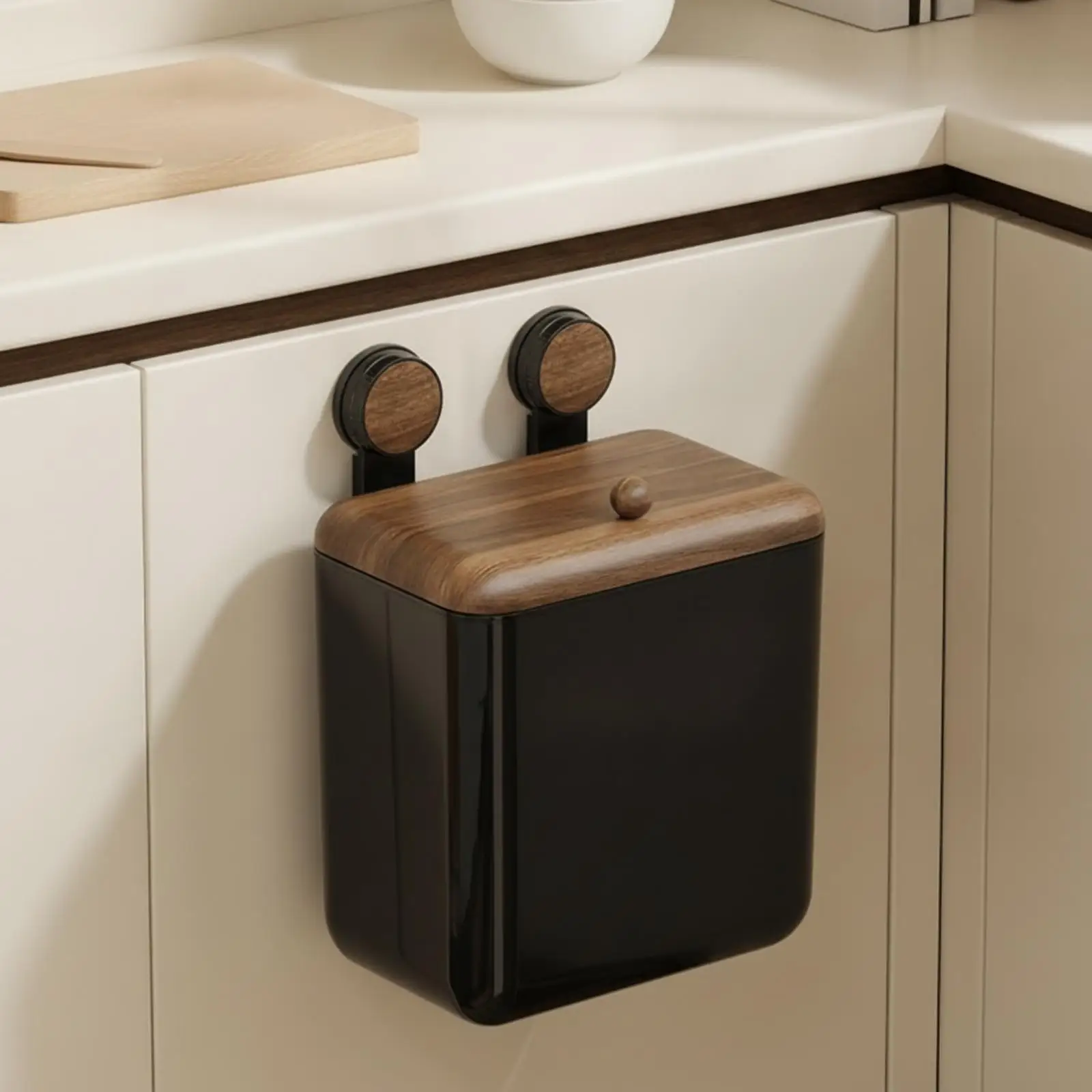 Space-saving wall-mounted bin with lid, compact for the kitchen