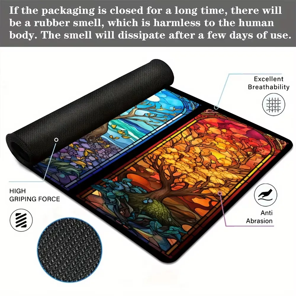 Stained Glass Four Seasons Tree Large Desk Mat Non Slip Rubber Stitched Edge Gaming Mouse Pad TCG Playmat for Desktop Card Game
