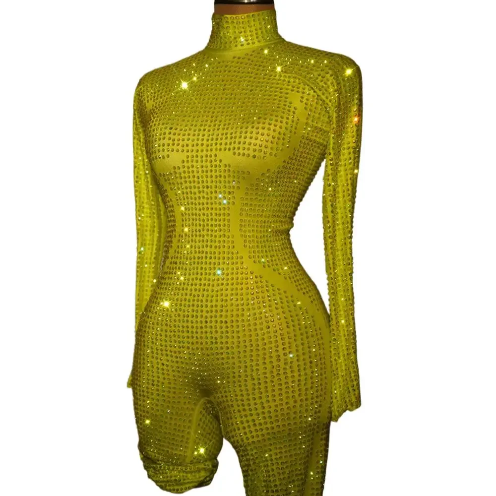 Lussuosa tuta di strass per le donne Costume da ballo Sexy elasticizzato Performance Nightclub Singer Show Stage Wear