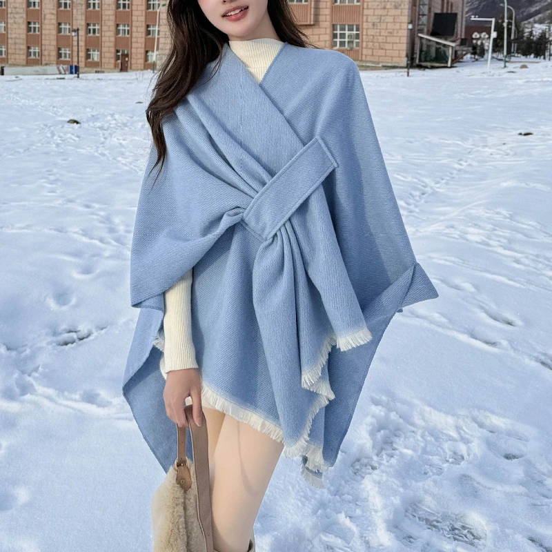 Floral solid color autumn and winter split imitation cashmere shawl European and American monochrome cloak plain cloak cloak