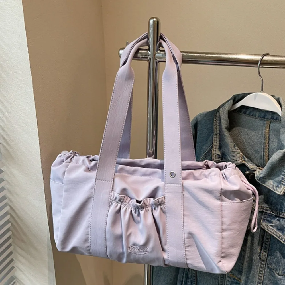 

Casual Sweet Drawstring Tote Bag Large Capacity Pleated Nylon Shoulder Bag Minimalist Solid Color Lightweight Handbag Girls
