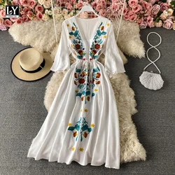 LY VAREY LIN 2022 New Spring Summer Women V-neck Embroidery Midi Dresses Casual Flare Sleeve Bohemian Female Dresses