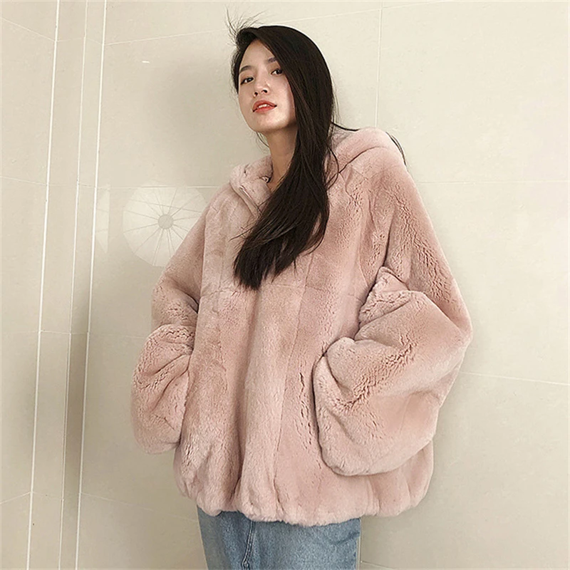 Korean Style New Faux Fur Coat Women\'s Hooded Fashion Casual Sweatshirt Warm Baseball Suit Solid Color Warm Furry Cute Coat