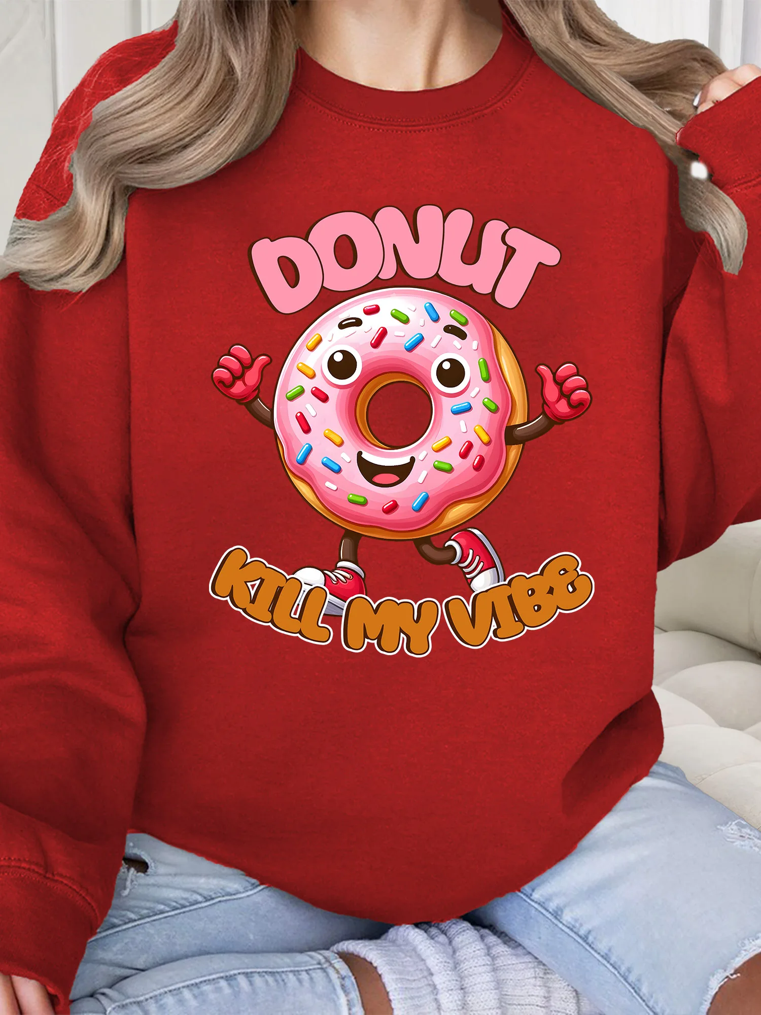 

Женская толстовка Dount Kill My Vibe с круглым вырезом, повседневный пуловер с длинными рукавами, свободный крой, для повседневной носки