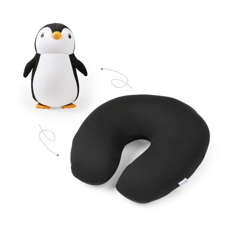 Cute U-shaped Penguin Polyester 2 In 1 Transform Microbeads Neck Pillow for Travel Gift