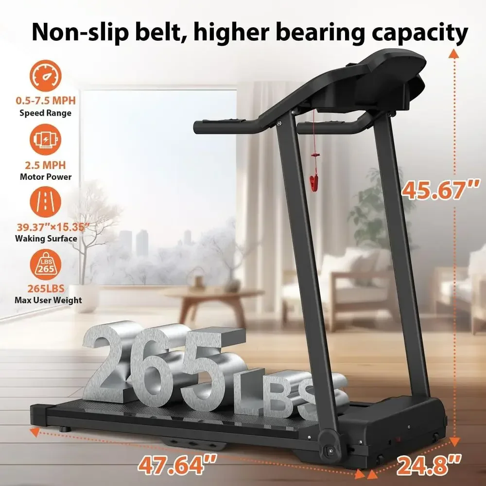 Quiet 2.5HP Motor Treadmill, 300 lbs Capacity, Compact, LED Display, Safety Key, Heart Rate, 0.5-7.5 MPH