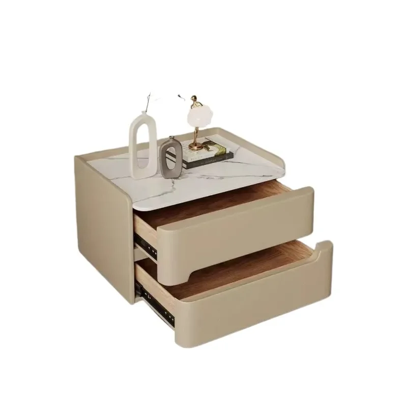 Modern Italian Style Sintered Stone Solid Wood Nightstand with Leather Accents Compact Bedroom Side Table for Home Decor