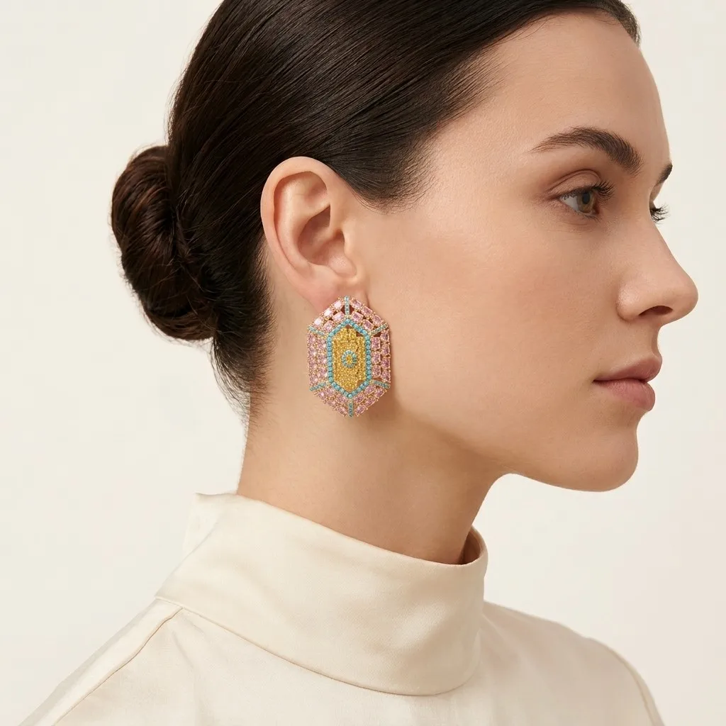 SENYU Elegant Art Deco Oval Marquise CZ Shield Earrings Unique Pink Yellow Turquoise Stud Earrings Luxury Women Jewelry Gift