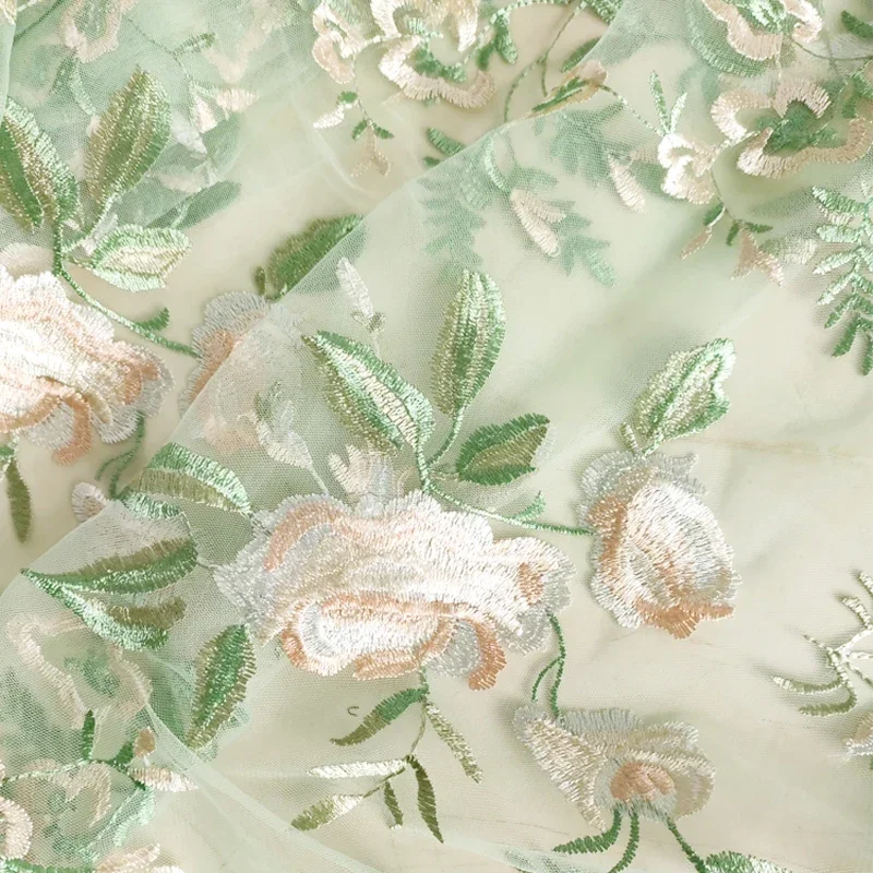 Rose Leaf Embroidered Lace Fabric Encrypted Soft Mesh Embroidered Fabric Color Yellow Green Flower Cloth for Wedding Dress Skirt