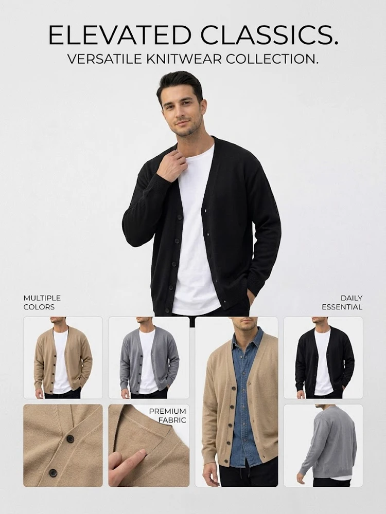 Outdoor-Herren-Strickjacke mit V-Ausschnitt, langen Ärmeln, einfarbig, lässige Sportbekleidung, geknöpfter Strickmantel. – Detail 1