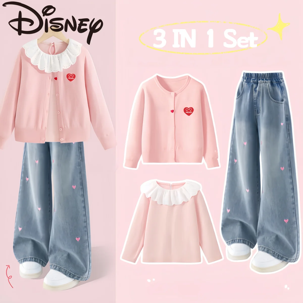 

Disney Kids Clothes 3 Pieces Set Sweater Cardigan Pullover Hoodies Jeans Girl Autumn Winter Stylish Warm-keeping Comfortable Set